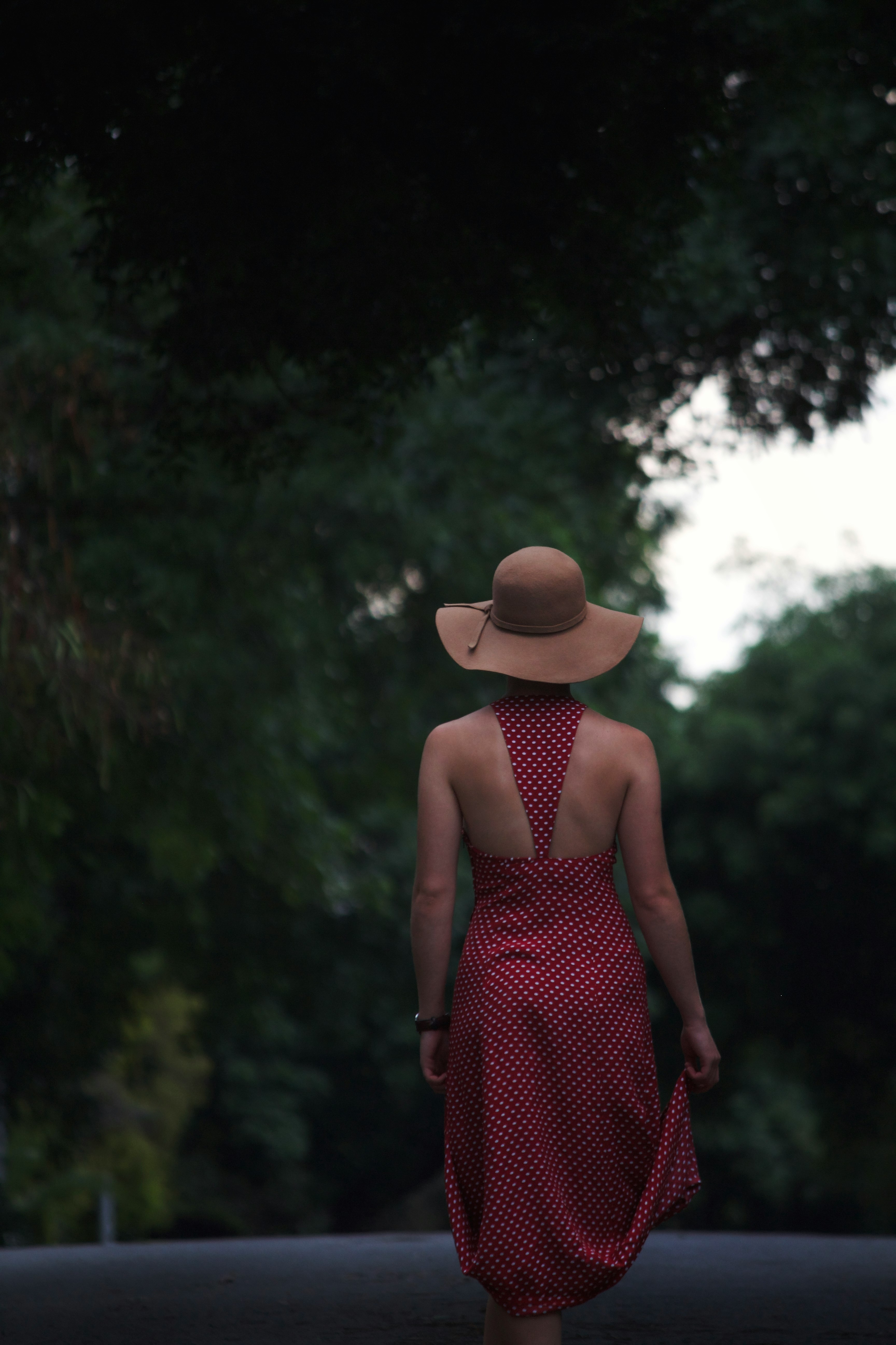 woman in black and red sleeveless dress wearing brown fedora hat standing near green trees during